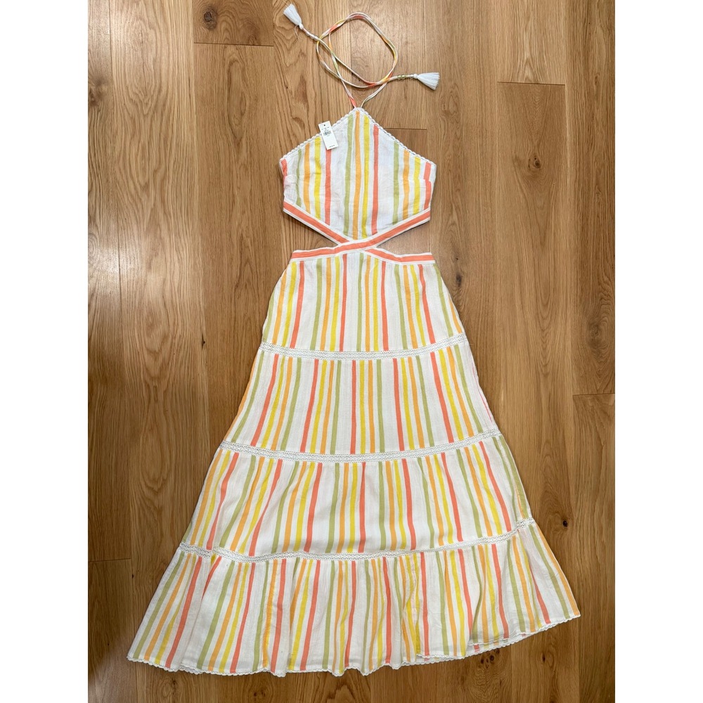 NWT Aerie Boho Orange Yellow Green Striped Cut-out Halter Maxi Dress Sz SM